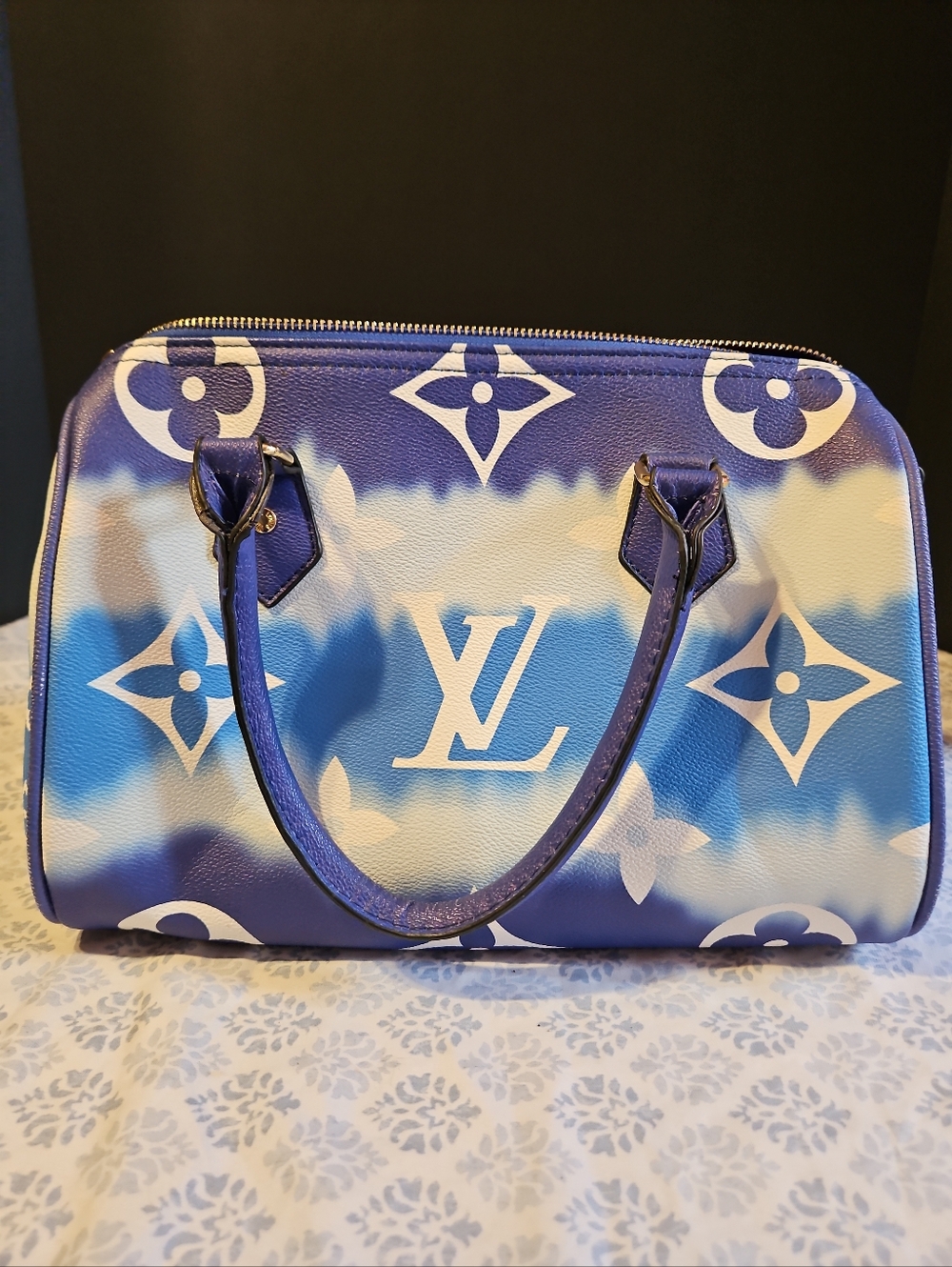 EUC Louis Vuitton Blue & White Monogram Speedy-Style Leather Satchel